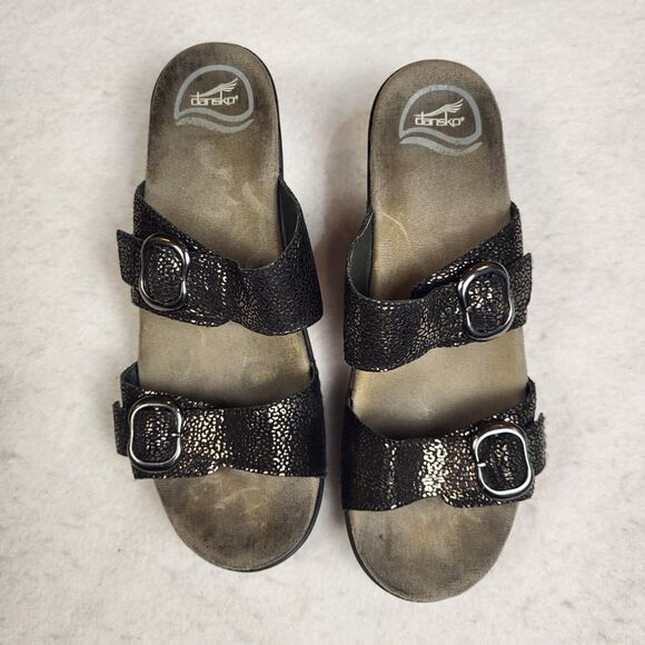 Dansko Sophie Black Gold Metallic Sandal Shimmer Platform 2 Inch Heel 39 8 1/2 - Picture 2 of 10